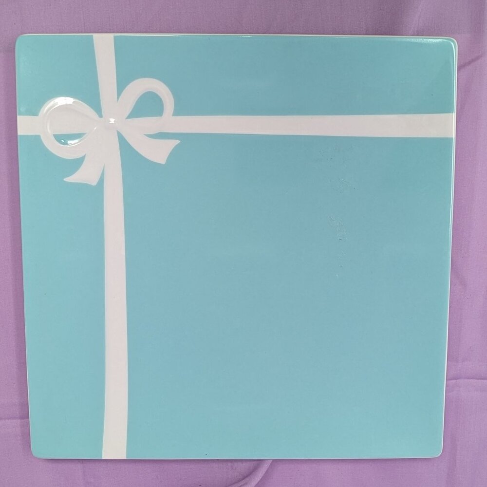 Tiffany Blue Square Plate with White Ribbon Detail EUC
